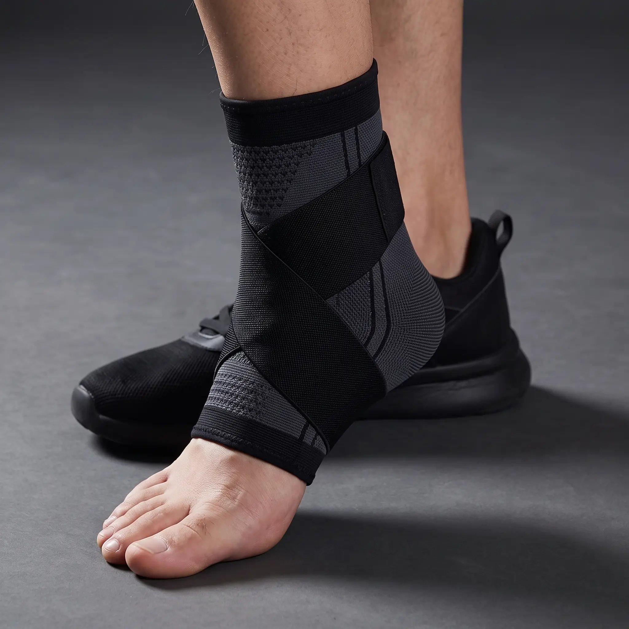 Ankle sleeve worn beside a black athletic shoe