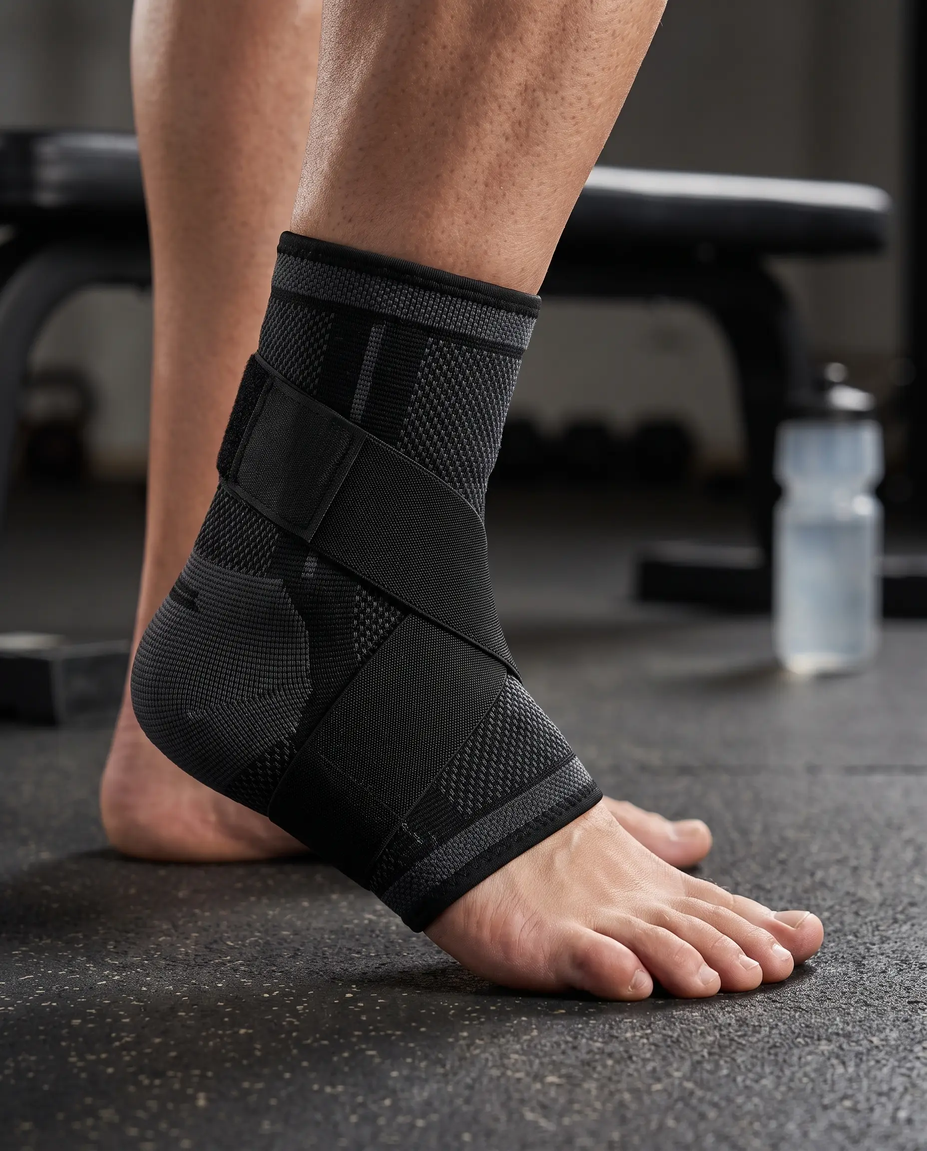 Ankle sleeve worn in a gym setting