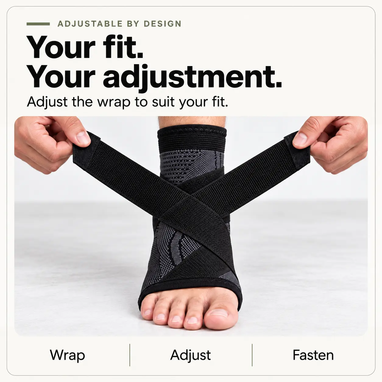 Hands adjusting the figure-eight straps on the black covered-heel ankle sleeve